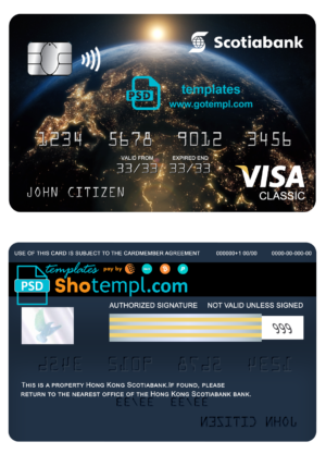 editable template, Hong Kong Scotiabank visa classic card, fully editable template in PSD format