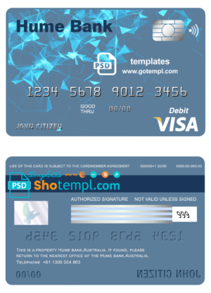 editable template, Australia Humebank bank visa card debit card template in PSD format, fully editable