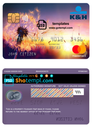 editable template, Hungary K&H bank mastercard, fully editable template in PSD format