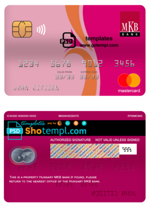 editable template, Hungary MKB bank mastercard, fully editable template in PSD format