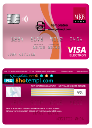 editable template, Hungary MKB bank visa electron card, fully editable template in PSD format