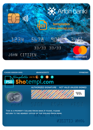 editable template, Iceland Arion bank mastercard, fully editable template in PSD format