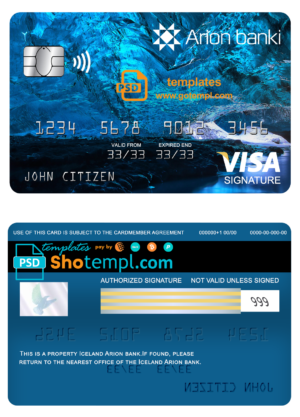 editable template, Iceland Arion bank visa signature card, fully editable template in PSD format