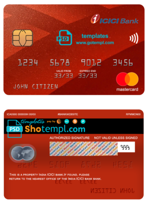 editable template, India ICICI bank mastercard, fully editable template in PSD format