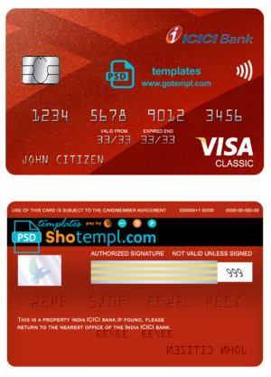 editable template, India ICICI bank visa classic card, fully editable template in PSD format