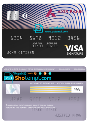 editable template, India Axis bank visa signature card, fully editable template in PSD format