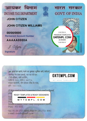 editable template, India e-PAN card template in PSD format (Income Tax Department), fully editable, with all fonts