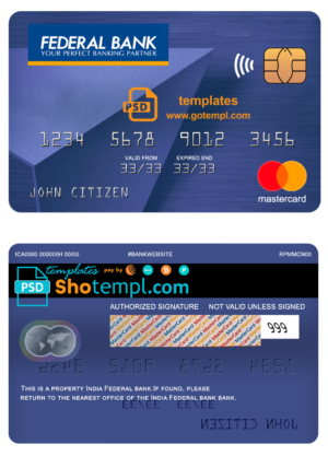 editable template, India Federal bank mastercard, fully editable template in PSD format