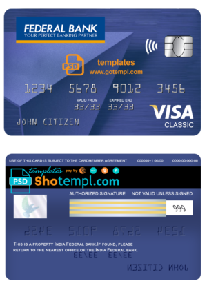 editable template, India Federal bank visa classic card, fully editable template in PSD format