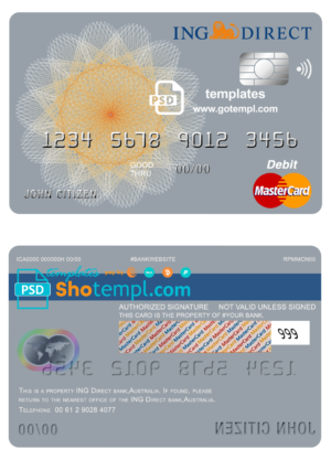 editable template, Australia ING Direct bank mastercard debit card template in PSD format, fully editable