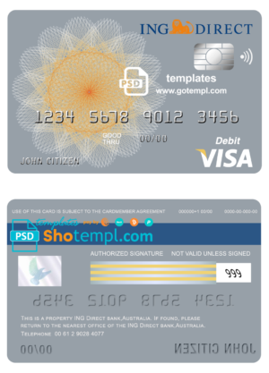 editable template, Australia ING Direct bank visa card debit card template in PSD format, fully editable