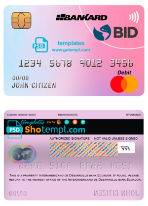 editable template, Ecuador Banco Interamericano de Desarrollo BID bank mastercard debit card template in PSD format, fully editable