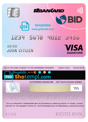 editable template, Ecuador Banco Interamericano de Desarrollo BID bank visa signature card template in PSD format, fully editable