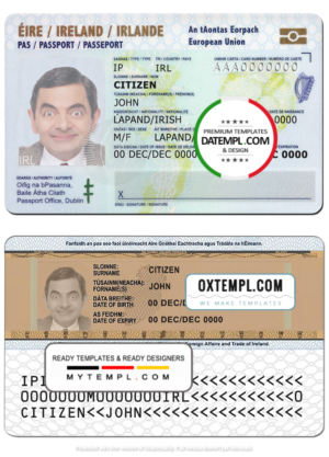 editable template, Ireland ID template in PSD format, fully editable, with all fonts