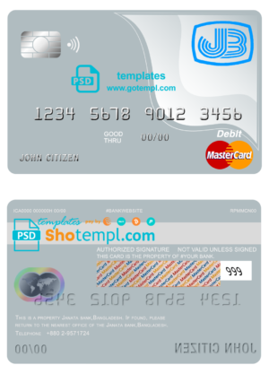 editable template, Bangladesh Janata bank mastercard debit card template in PSD format, fully editable