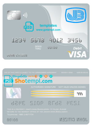 editable template, Bangladesh Janata bank visa card debit card template in PSD format, fully editable