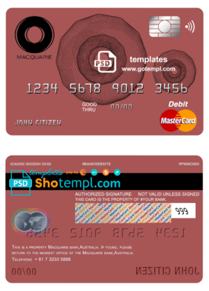 editable template, Australia Macquarie bank mastercard debit card template in PSD format, fully editable
