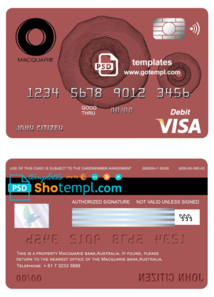 editable template, Australia Macquarie bank visa card debit card template in PSD format, fully editable