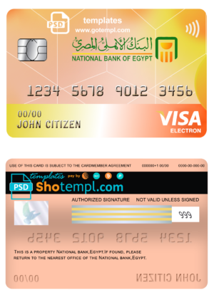 editable template, Egypt National Bank visa electron card template in PSD format, fully editable