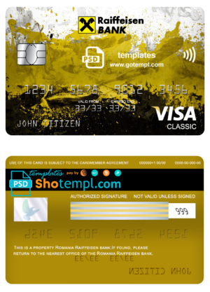 editable template, Romania Raiffeisen bank visa classic card, fully editable template in PSD format