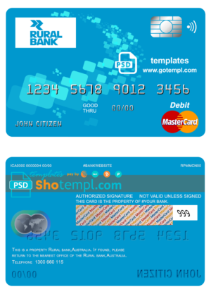 editable template, Australia Rural Bank mastercard debit card template in PSD format, fully editable