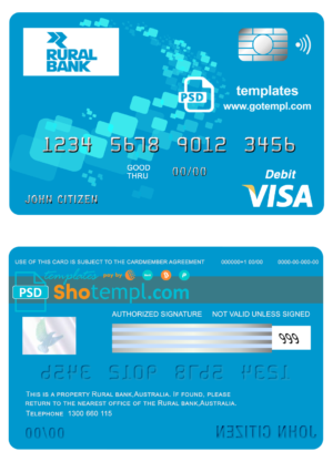 editable template, Australia Rural Bank visa card debit card template in PSD format, fully editable
