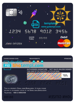 editable template, Bangladesh Sonali Bank mastercard debit card template in PSD format, fully editable