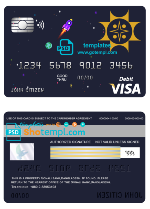 editable template, Bangladesh Sonali Bank visa card debit card template in PSD format, fully editable