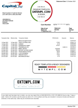 editable template, USA Capital One bank statement template, fully editable in PSD format, version 2