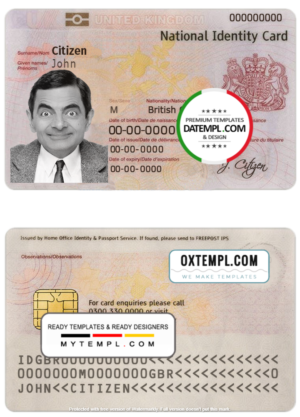 editable template, United Kingdom ID (Identity Card) template in PSD format