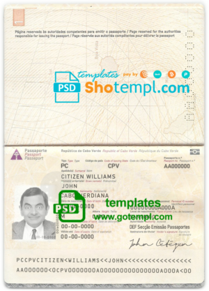 editable template, Cabo Verde passport template in PSD format, fully editable