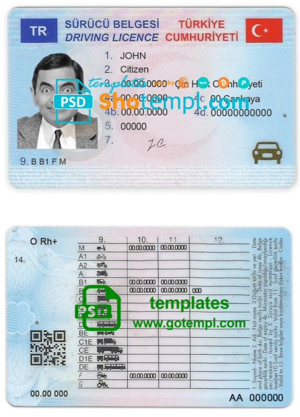 editable template, Turkey driving license template in PSD format, fully editable