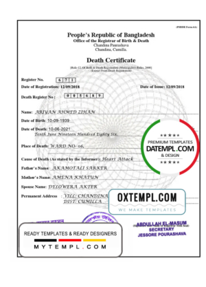 editable template, Bangladesh Death certificate template in PSD format, fully editable