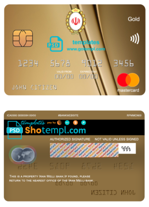 editable template, Iran Melli bank mastercard gold, fully editable template in PSD format