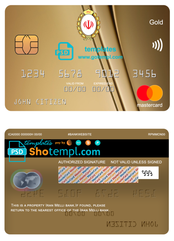 editable template, Iran Melli bank mastercard gold, fully editable template in PSD format
