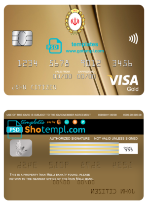 editable template, Iran Melli bank visa gold card, fully editable template in PSD format