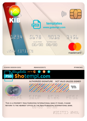 editable template, Iraq Kurdistan International bank mastercard, fully editable template in PSD format