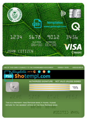 editable template, Iraq Rafidain bank visa classic card, fully editable template in PSD format