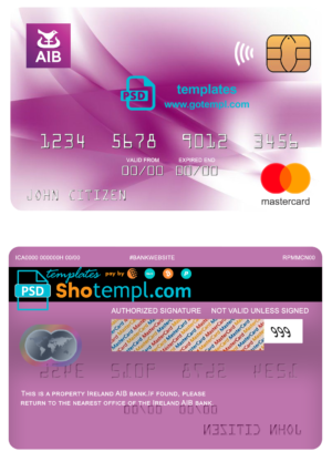 editable template, Ireland AIB bank mastercard, fully editable template in PSD format