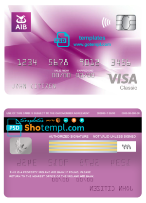 editable template, Ireland AIB bank visa classic card, fully editable template in PSD format