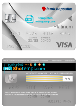 editable template, Israel Bank Hapoalim visa platinum card, fully editable template in PSD format