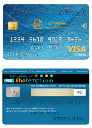 editable template, Italy Citibank visa classic card, fully editable template in PSD format