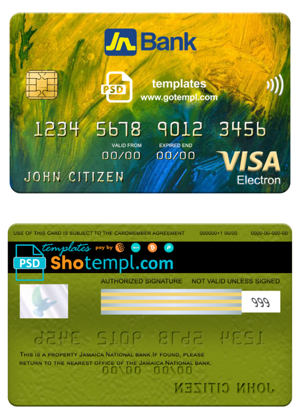 editable template, Jamaica National bank visa electron card, fully editable template in PSD format