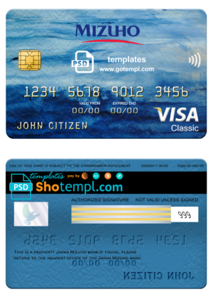 editable template, Japan Mizuho bank visa classic card, fully editable template in PSD format