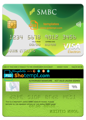 editable template, Japan Sumitomo Mitsui Banking Corporation (SMBC) bank visa electron card, fully editable template in PSD format