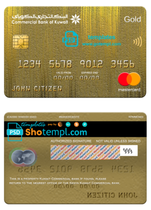 editable template, Kuwait Commercial bank mastercard gold, fully editable template in PSD format