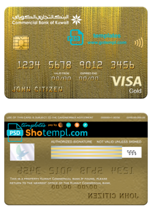 editable template, Kuwait Commercial bank visa gold card, fully editable template in PSD format