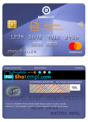 editable template, Kyrgyzstan OJSC Bakai bank mastercard, fully editable template in PSD format