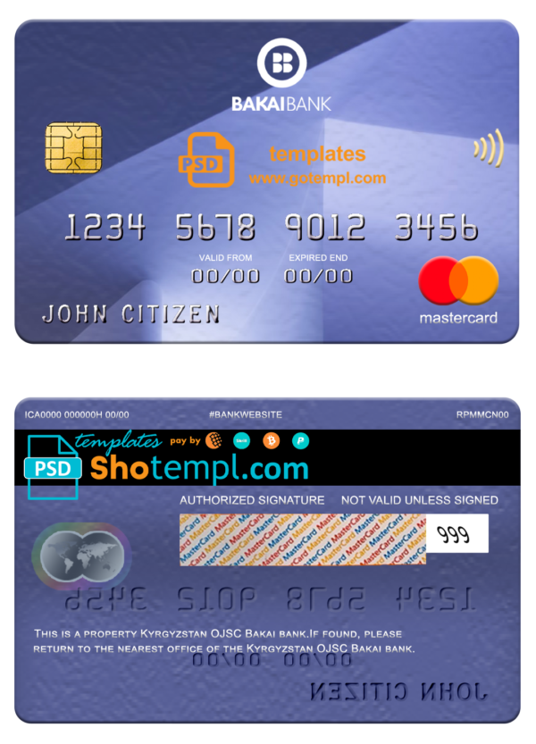 editable template, Kyrgyzstan OJSC Bakai bank mastercard, fully editable template in PSD format