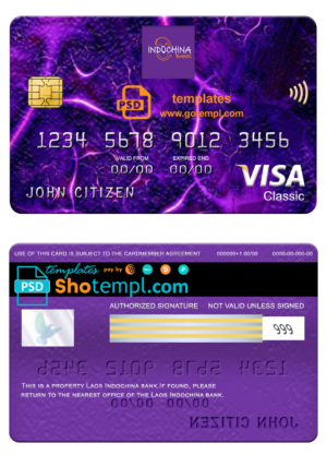 editable template, Laos Indochina bank visa classic card, fully editable template in PSD format